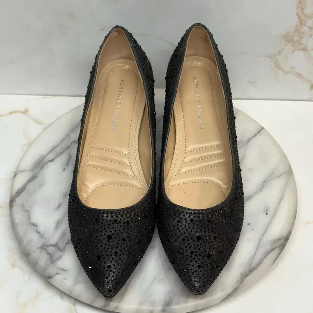 Adrienne Vittadini Fiona Pump Heels Woman 8 Black Beaded Block Heel Pointed‎ Toe